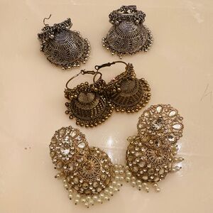 Jhumka Trio Bundle:Oxidized Silver, Antique Gold,Kundan Pearl Statement Earrings